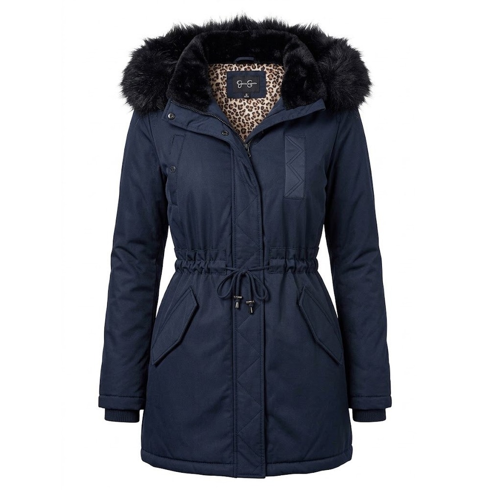 Jessica Simpson Parka Women L Navy Blue Faux Fur Hood Utility Chic Dark Academia